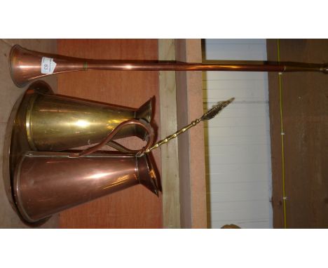 Brass and cooper hunting horn, brass tray, copper jugs etc 