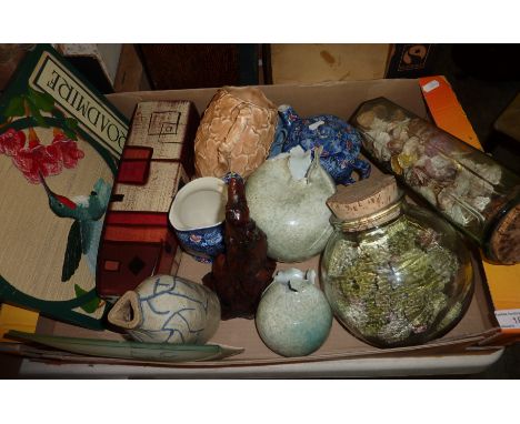 Box of sea urchins, stoneware vases, Ringtons teapot, sea shells etc 