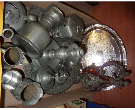 Box of assorted pewter including goblets, glass decanter etc