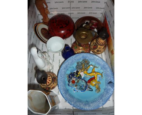 Small selection of oriental ceramics paper mache candlestick, lidded bowls etc  