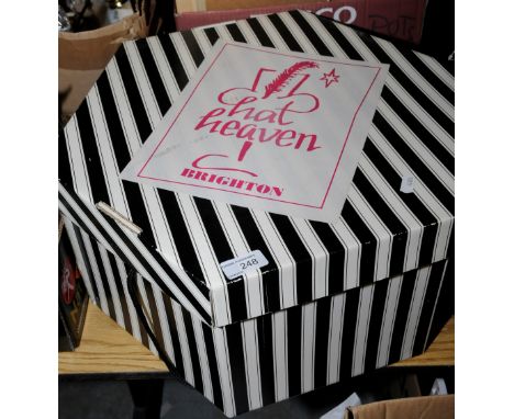 Brighton Hat Heaven Hat box and blue straw ladies hat, small selection of greeting cards, black & white photographs, carriage