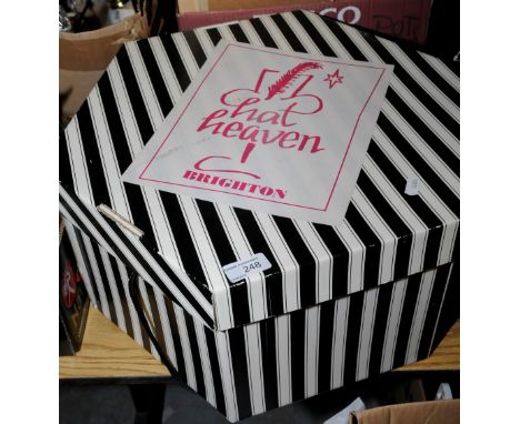 Brighton Hat Heaven Hat box and blue straw ladies hat, small selection of greeting cards, black & white photographs, carriage