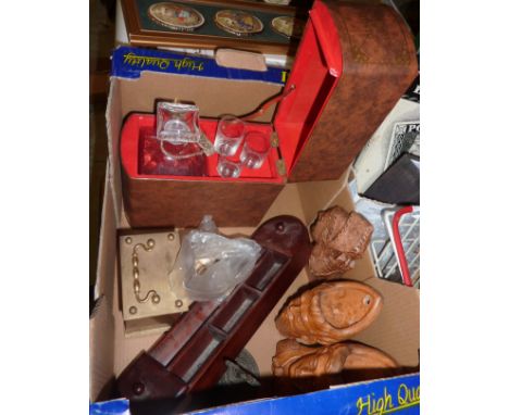 Pair of terracotta wall pockets, carriage clock, decanter set in the form of a book etc