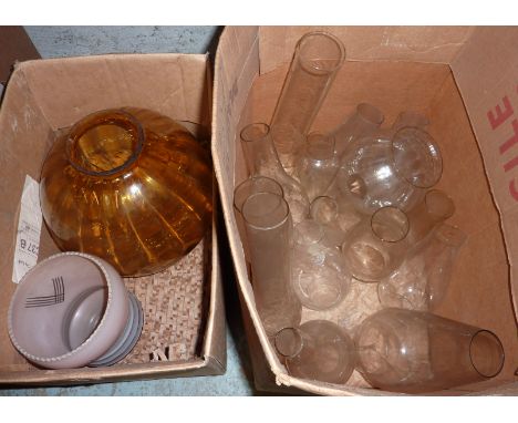 Box of paraffin lamp chimneys, opaque glass shade and large circular glass shade 