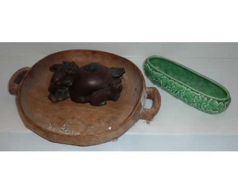 Carved shallow wooden bowl, oriental ceramic lidded pot (A/F) and Sylvac shallow planter  