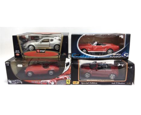 FOUR 1/18 SCALE DIECAST MODEL CARS comprising a Hot Wheels Ferrari 166MM Barchetta; Bburago Maserati 3200GT; Solido Ford Must