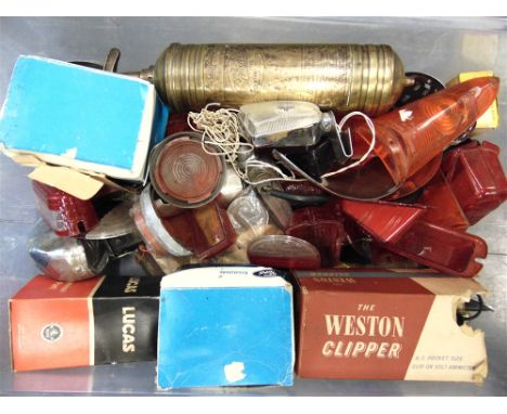 ASSORTED AUTOJUMBLE comprising spot-lights; plastic rear light and indicator lenses; two brass fire extinguishers; and other 