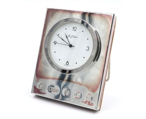 Hallmarked silver R.J Carr mini clock with wooden back, 8 x 6 cm. P&amp;P Group 1 (£14+VAT for the first lot and £1+VAT for s