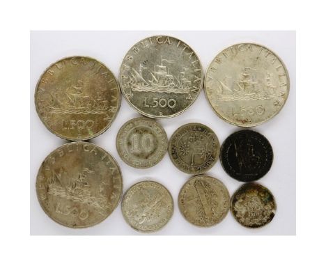 Mixed world silver coins, including four Italian 500 lire, American and Chinese examples. P&amp;P Group 0 (£5+VAT for the fir