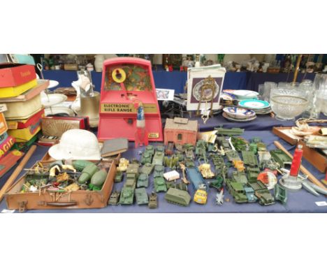 An Electronic rifle range target together with a collection of Corgi, Dinky and other model tanks and other military vehicles