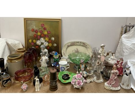 A collection of Royal Doulton figures, together with Nao figures, jugs, glass vases, oil painting etc