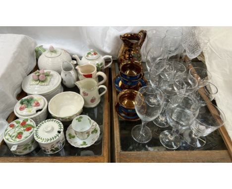 Drinking glasses together with a copper lustre jug, copper lustre tea cups and saucers, pottery jugs etc 
