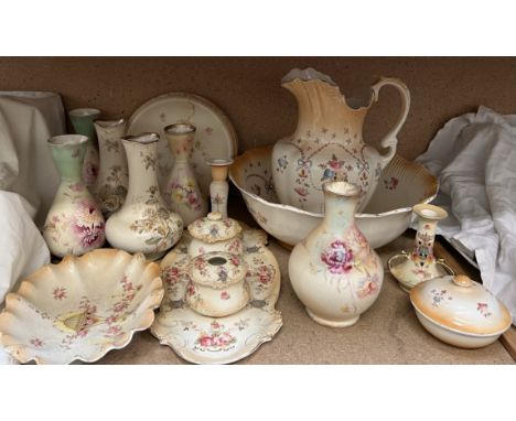 A Crown Devon Fieldings jug and basin, together with assorted vases, dressing table set etc 