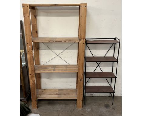 A pine shelf unit together with a metal framed shelving unit