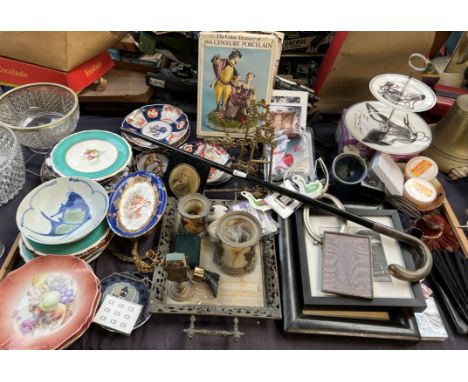 A silver and horn mounted walking stick, together with a cake stand, Japanese plates, other plates, bronze part dressing tabl