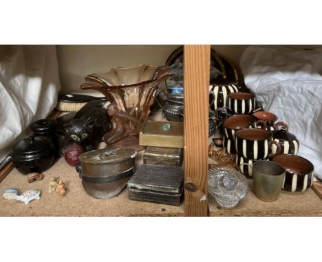 A studio pottery part tea set together with a brass shell case "hat", electroplated cream jug and sugar basin, Star Trek plat