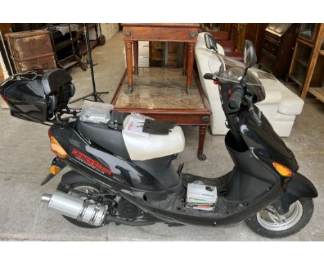 A new 50cc Sports Scooter from direct bikes model number DB50QT-11 in black, includes, screen, top box, battery, wing mirrors