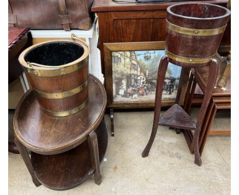 A coopered bucket together with a coopered jardiniere stand, an oval two tiered table and a folding table / fire screen