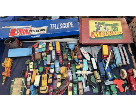 Parts of a Meccano set No.7 together with a Prinz Telescope and a large collection of Dinky and other model vehicles 