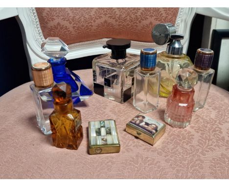 Collection of Vintage and Designer Scent Bottles, some French + Continental Gilded Sniff Box Lighter