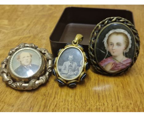 Trio of Antique Portrait Miniature Brooches - furthest left possibly gold