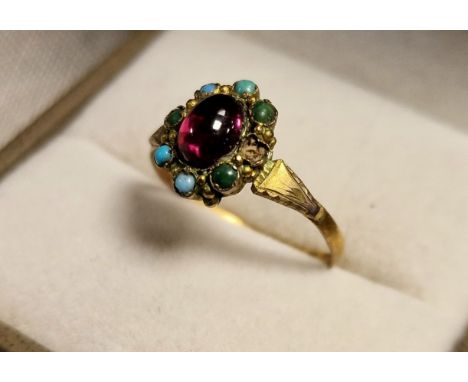 22ct Gold Victorian Ruby Cabochon &amp; Turquoise Dress Ring, size N - hallmark dates to mid 1850's, 1.62g 