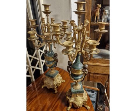 Pair of Vintage Large Brass and Green Marble Candelabras Candlesticks