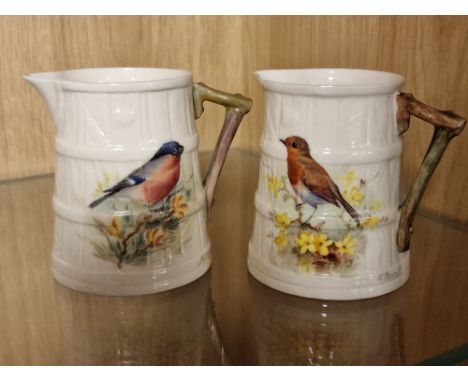 Royal Worcester Pair of Handpainted and Signed Robin &amp; Sparrow Jugs - signed by J Stanley &amp; W Powell