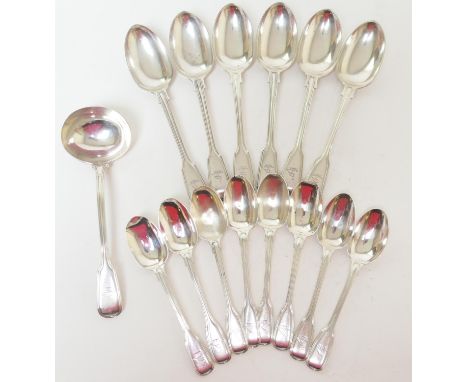 Victorian silver fiddle and thread pattern flatware, by George Adams, each piece engraved with a crest, comprising sauce ladl