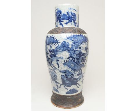 Chinese blue and white crackle glazed vase, late 19th Century, of large proportions, having a cylinder neck decorated with a 