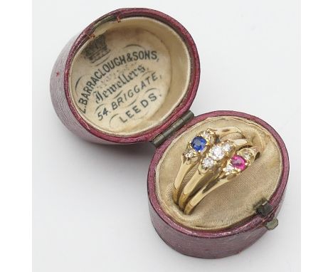 Victorian gem set trinity ring, hallmarked Birmingham 1886, having three conjoined rings set with diamond, ruby and sapphire,