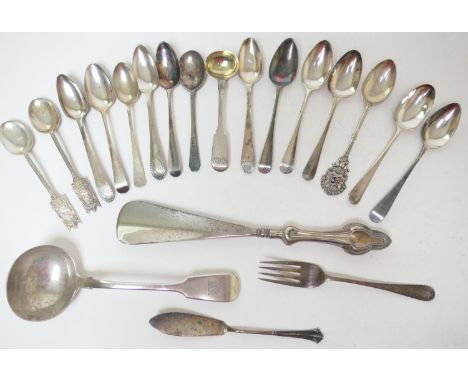 George III and later silver flatware, including a number of London assay silver teaspoons, mixed makers and dates; Victorian 