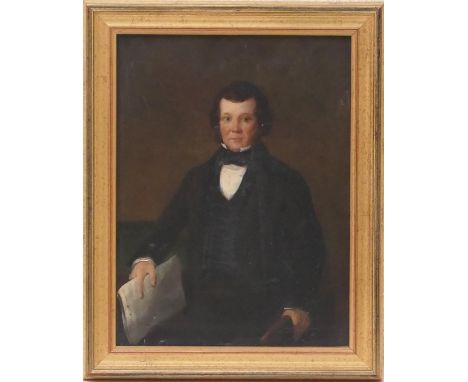 English School (mid 19th Century), Portrait of a young gentleman seated holding a newspaper, oil on millboard, 29cm x 22cm; a