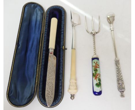 Edwardian silver and ivory handled knife, Birmingham 1903, cased; also an ivory handled Stilton scoop, pair of patent silver 