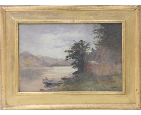 Ada Dennis (b.1873 - ?), Row boat moored at a lakeside, watercolour, signed, 30cm x 46cmNB: Ada L Dennis was a Chester born a