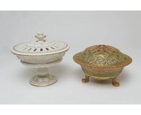 Royal Worcester pot pourri bowl and cover, circa 1908, shape G846, moulded throughout, the cover pierced and gilded, raised o