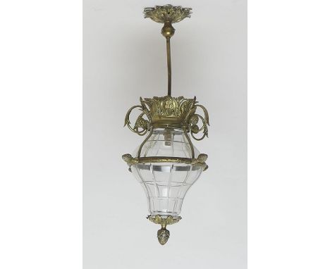 French cast brass and cut glass hall lantern, 63cm drop 