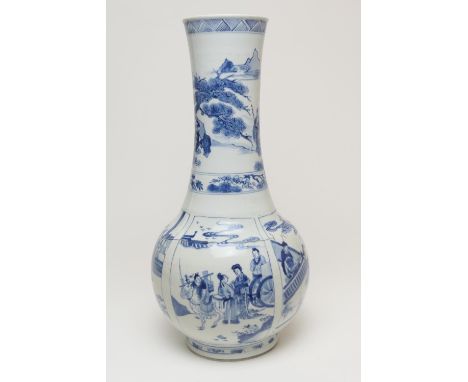 Chinese blue and white bottle vase, Kangxi (1662-1722), decorated at the neck with travellers beneath a chevron hatched band,