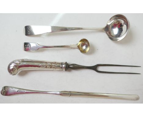 George III Scottish silver toddy ladle, Edinburgh 1809; also a Georgian pistol-handled steel fork, Victorian silver fiddle pa