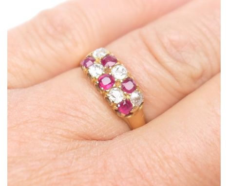 Diamond and ruby cluster ring, 18ct gold, Chester 1885, set with five old brilliant cut diamonds, totalling approx. 0.5ct dis