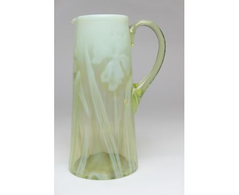 Late Victorian vaseline glass lemonade jug, attributed to James Powell, circa 1900, internally decorated with iris tinted in 