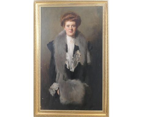 Frank Thomas Copnall (1870-1949), Portrait of a lady in a fox fur stole and muff, signed oil on canvas, 118cm x 70cm 