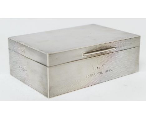 George V silver presentation cigarette box, London 1934, engine turned decoration throughout, inscribed on the front with ini