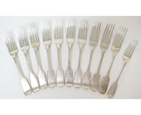 Set of ten Victorian silver fiddle pattern table forks, maker SM/DC, London 1853; also a Victorian silver fiddle pattern dess