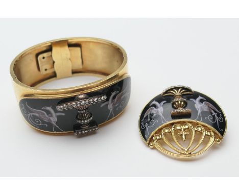 Victorian Etruscan Revival gold and enamelled bangle and brooch, circa 1875, the bangle enamelled with griffin in monochrome 