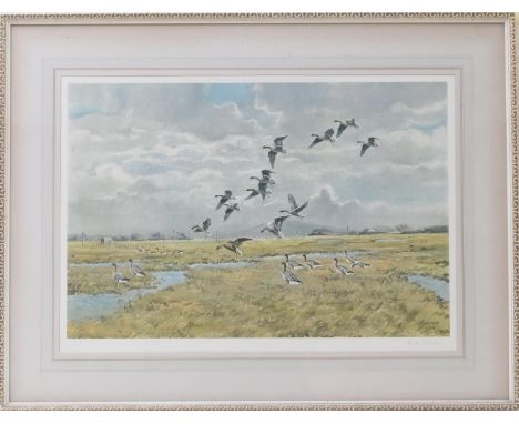 Sir Peter Markham Scott (1909-89), 'Mallards at sunset', coloured print, published by Ackermann 1954, signed in pencil to the