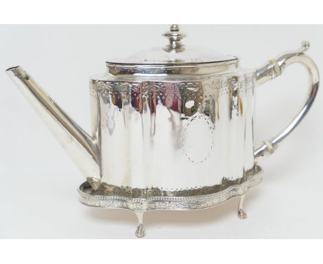 George III silver teapot on stand, by John Langlands I and John Robertson I, Newcastle, 1808/09, the teapot of fluted oval fo