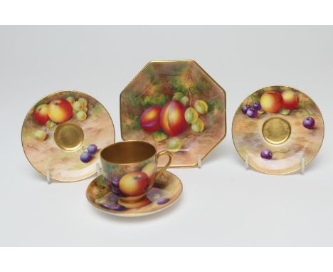 Royal Worcester fruit decorated cabinet china, comprising a demi-tasse cup and saucer by Moseley, decorated with apples, cher