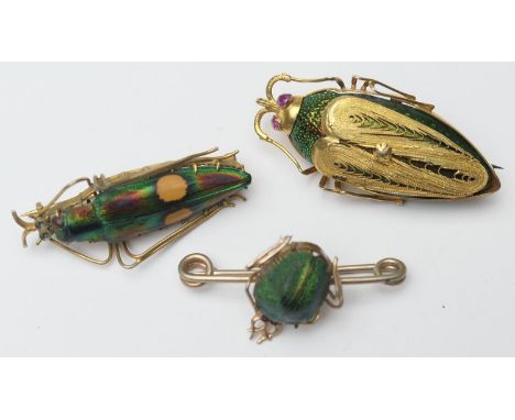 Italian gilt filigree cicada brooch, the insect set with ruby eyes and with filigree wing covers, 43mm; also another insect b