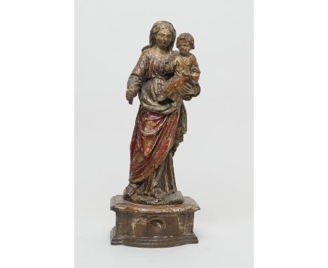 Continental painted carved limewood figure of the Madonna and the Infant Christ, 17th or 18th Century, probably South German,